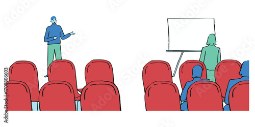 Two Presentation Scenes with People and Whiteboards lecture classroom illustration. 