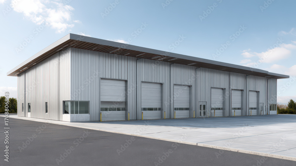 custom made wallpaper toronto digitalIndustrial Elegance: A modern industrial building with a sleek design and functional architecture, reflecting progress and innovation, stands under a clear, azure sky.