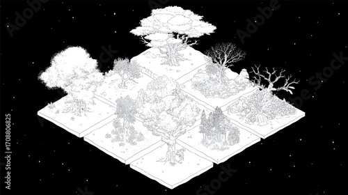 Abstract Isometric Landscape with Stylized Trees and Terrain.
