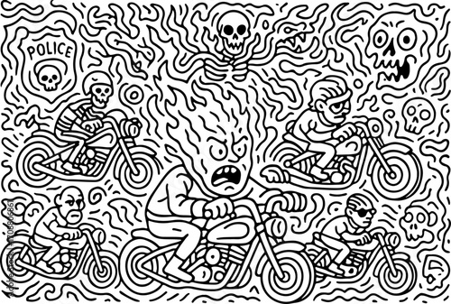 This wall art is a chaotic, surreal composition featuring a central rider on a custom chopper motorcycle, his fiery face twisted with a distressed expression.