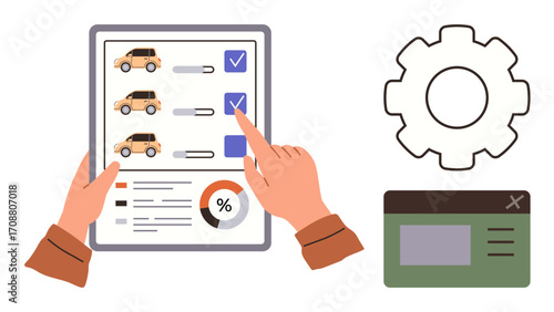 Hands using a tablet to select cars with checkmarks, a gear icon, and a widget window. Ideal for technology, user interface, vehicle management, customization, data collection, automation simple