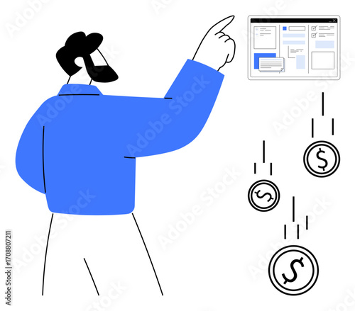 Man pointing at a webpage interface with falling dollar coins representing online income. Ideal for business, ecommerce, digital marketing, passive income, strategy, finance, simple flat metaphor