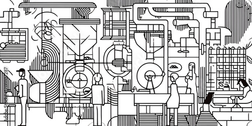 Industrial factory with workers and machinery in a blueprint style.