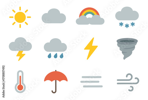 Flat weather icons set: sun, clouds, rain, snow, lightning, and more