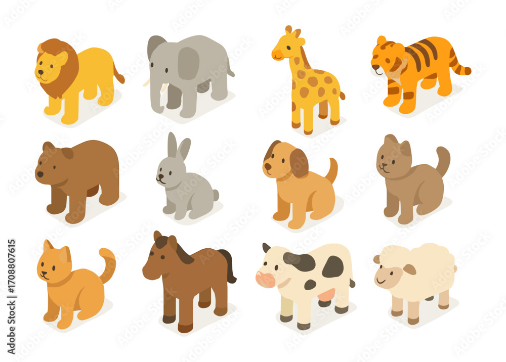 Obraz premium Cute isometric animal set: lion, elephant, giraffe, tiger, dog, cat, and more