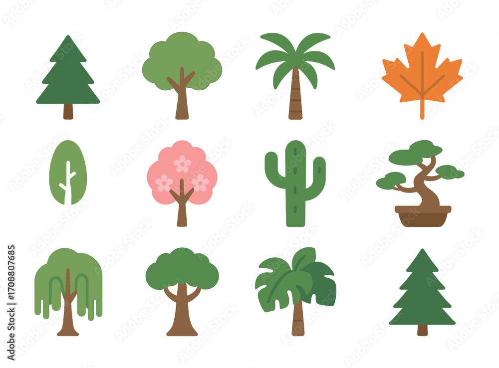 Fototapeta premium Diverse tree icons set featuring various species in flat design