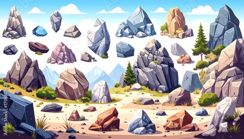 Diverse Collection of Cartoon Rocks and Stones, Mountain Landscape Background