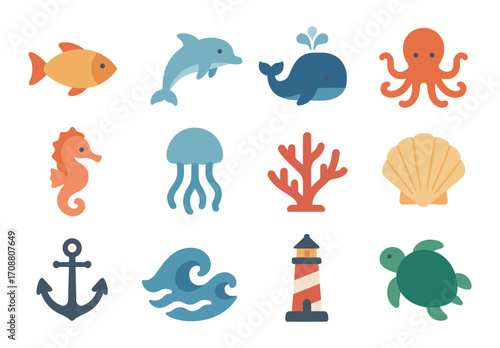 Cute ocean animal icons collection in flat style