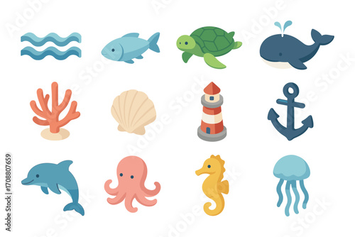 Flat nautical icons: marine life and sea creatures featuring ocean waves, whale, and lighthouse