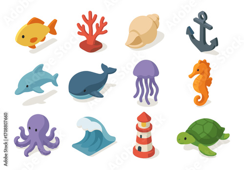 Marine life isometric icons collection featuring sea creatures and nautical elements