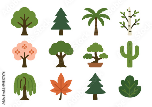 Colorful collection of various tree icons featuring flat design and diverse foliage