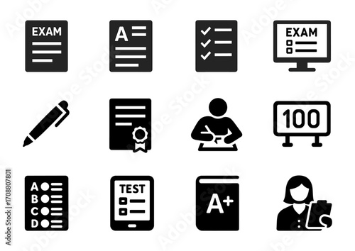 Education and exam icons set featuring test, certificate, and grading symbols