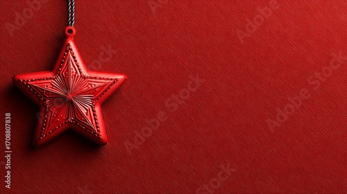 A red star christmas ornament hangs against a textured red background, creating a warm holiday atmosphere
