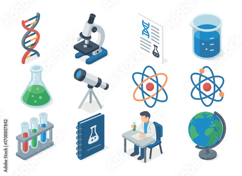 Educational science icons set featuring isometric designs of lab equipment and scientific elements