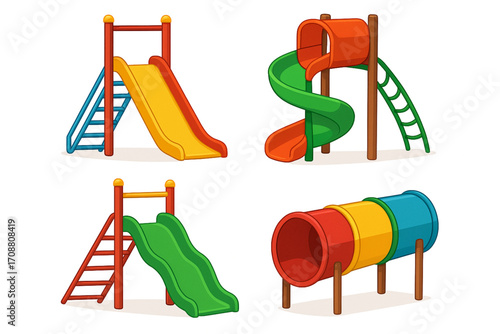 Vector illustration of colorful playground slides set with spiral, wave, tunnel, and straight designs