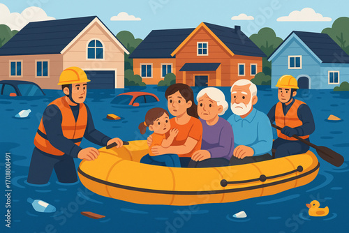 Vector illustration of flood rescue with boat, rescue workers, and evacuated family in city disaster scene