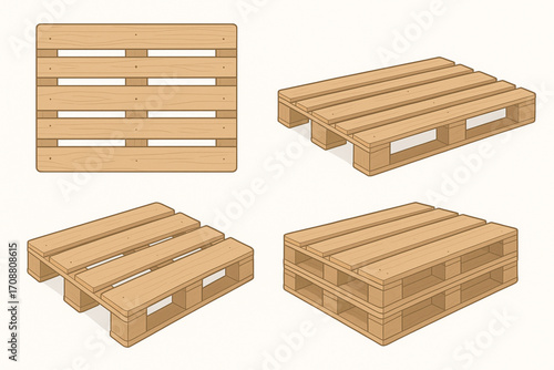 Wooden pallets vector illustration with Euro pallet set in multiple views and stacked design