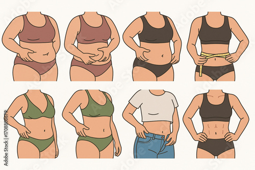 Vector illustration set of women body shapes showing fitness progress, weight loss, and transformation