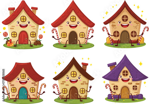 Cartoon house characters, cute home mascots, colorful building illustration, smiling houses, candy decor concept, happy architecture, fantasy village, playful property design