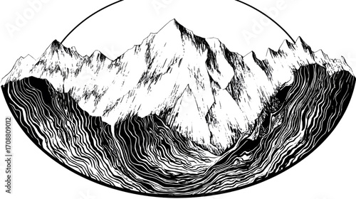 Majestic mountain range with intricate line art details.