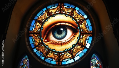 Round stained glass window features all-seeing eye surrounded by winged figures. Rich blue, gold, amber colors illuminate intricate mosaic pattern. Represents divine providence, spirituality, faith