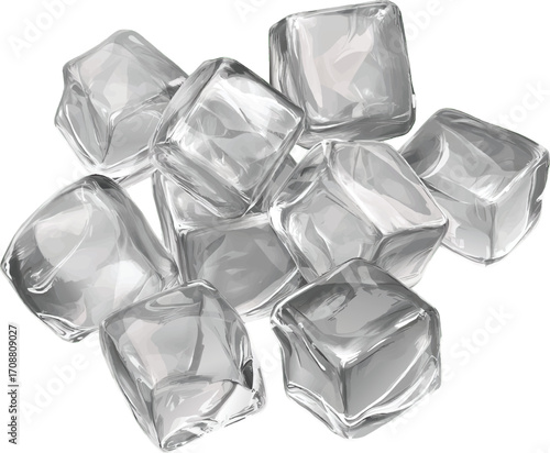 Pile of Clear Ice Cubes on White Background Keywords: ice cubes, ice, frozen, cubes, clear, transparent, cold, refreshing, drink, beverage, water, ice cubes