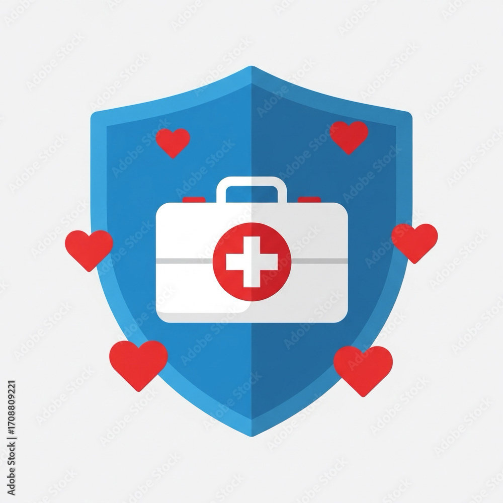 Obraz premium Flat design of first aid kit surrounded by shield and heart symbols