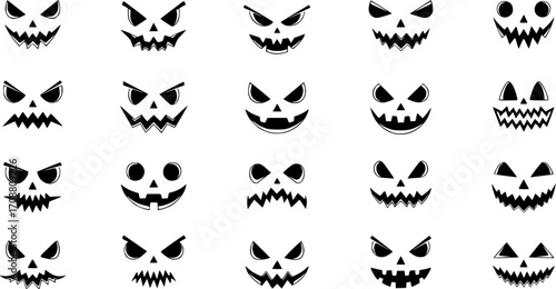 Halloween pumpkin faces,  simple black and white vector graphics, spooky, various expressions