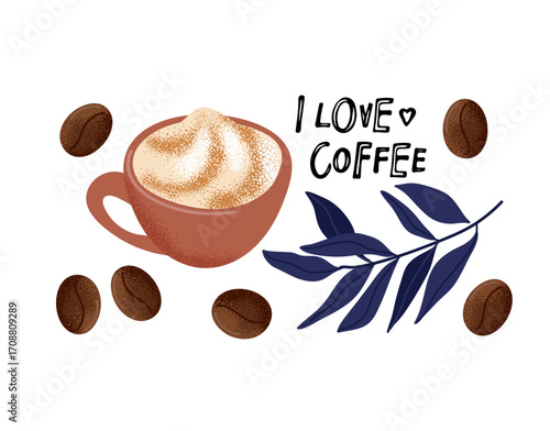 Coffee set. I love Coffee text with beverage cup and beans and leaves on white background. Vector hand drawn lettering. Banner, logo, coffee shop poster , restaurant, company, cafe. Breaking time
