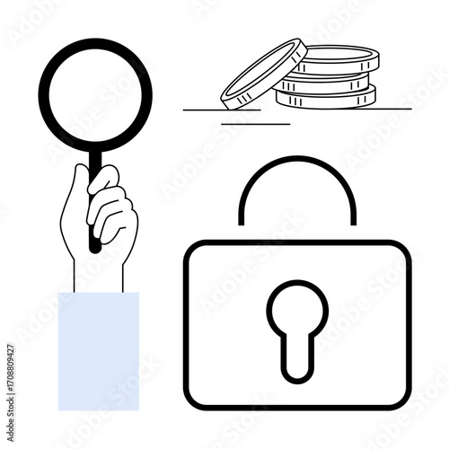 Magnifying glass in hand, stacked coins, locked padlock. Ideal for financial security, investigation, protection, data privacy, analysis risk management cybersecurity. Simple flat metaphor
