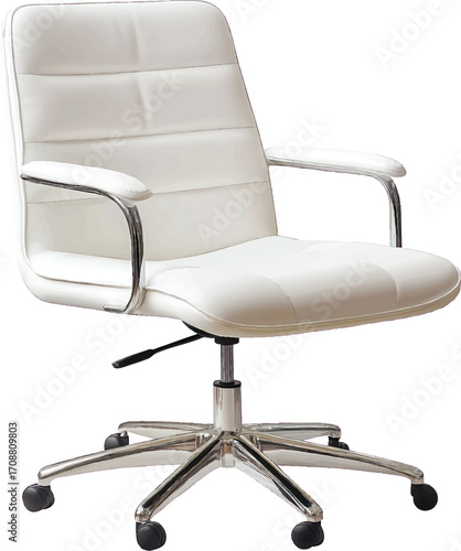 White Leather Office Chair with Chrome Base and Wheels on White Background Keywords: office chair, executive chair, desk chair, computer chair, swivel chair