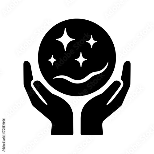 Hands Holding Magic Orb Flat Icon, Black and White, Transparent Background