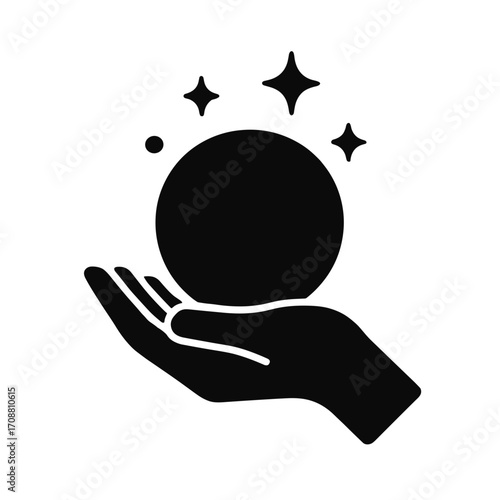 Hand Holding Crystal Ball Flat Icon, Black and White, Transparent Background