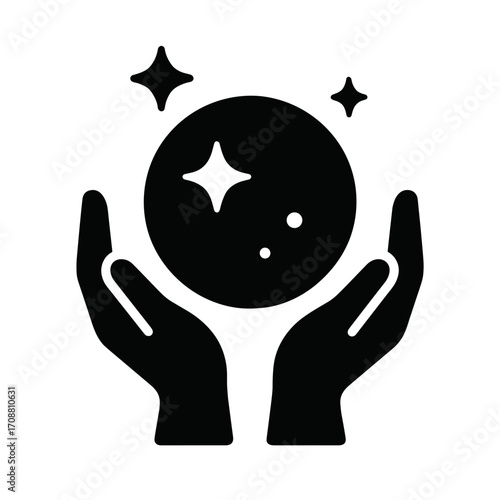 Hands Holding Magic Orb Flat Icon, Black and White, Transparent Background