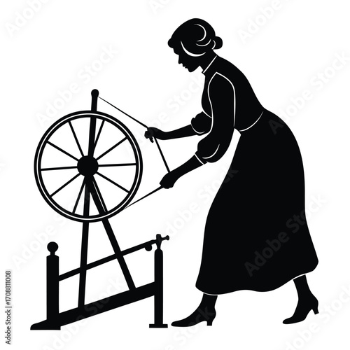 Woman spinning cotton with spindle