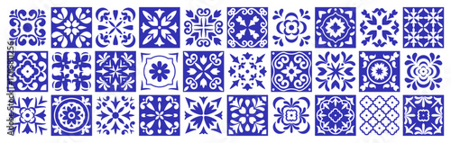 Geometric Azulejos tiles. Mediterranean Portuguese, Italian or Spanish retro old blue mosaic. Floral arabesque. Kitchen mosaic, decorations pattern. Vector isolated on white background