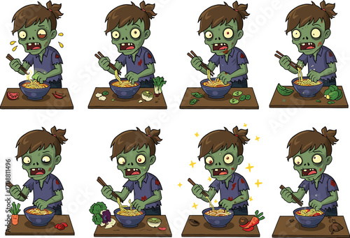 Zombie cooking ramen, cartoon illustration, funny undead chef, spooky noodle soup, horror kitchen scene, green skin character, toxic food humor art