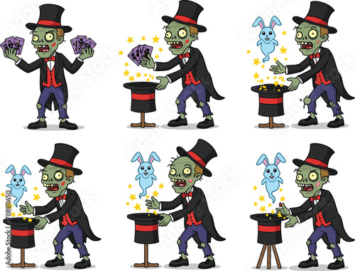 Zombie magician performing magic trick with rabbit, cartoon vector illustration, undead wizard, fantasy horror comedy, Halloween magician character, spooky stage show