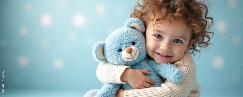 Fototapeta premium Young child with curly hair hugs blue stuffed teddy bear tightly. Gentle smile expresses joy, comfort, childhood innocence. Soft, cosy atmosphere with blurred lights in background. Copy space