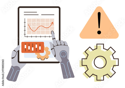 Robotic hands interact with a tablet displaying a graph and settings overlay. Nearby, a warning sign and a gear icon highlight automation, technology, and system monitoring. Ideal for data analysis