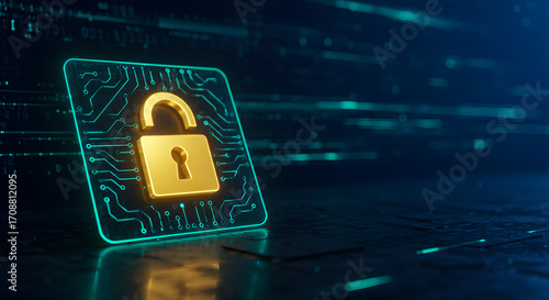 Golden Padlock Securing a Digital Circuit Board, Data Privacy and Cyber Security Concepts