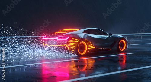 Sleek Cyberpunk Vehicle Glides Through Rainy Night Modern Car with Neon Lights