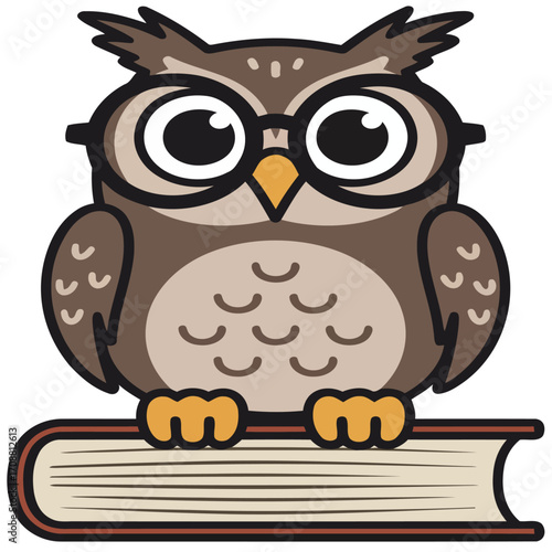 A wise brown cartoon owl with glasses perched on a branch, a cute animal illustration on a white backgroundA wise brown cartoon owl with glasses perched on a branch, a cute animal illustration on a wh