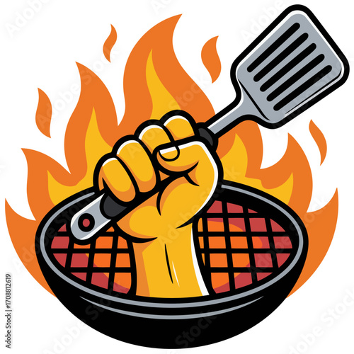 Vector icon of a kitchen utensil grill with flames for a barbecue meal