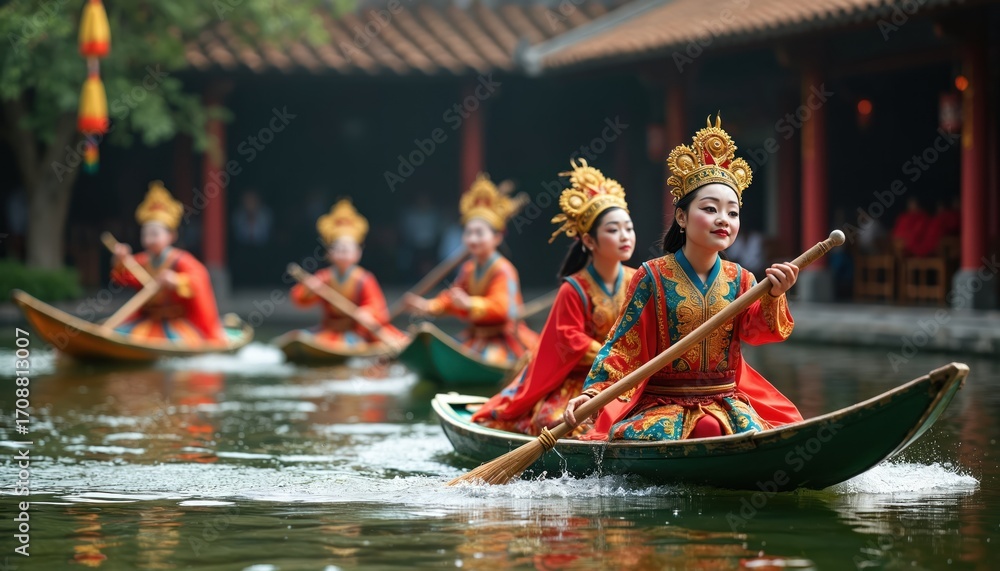 Naklejka premium Traditional Vietnamese water puppet performance. Performers in ornate costume glide across water in boats at open-air theater. Dragons on puppets add mythical element. Cultural art display from Asia.