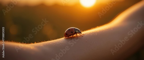 Sunset Serenity  Warm toned image of a ladybug resting on an arm during sunset, emphasizing the golden light and tranquil atmosphere.