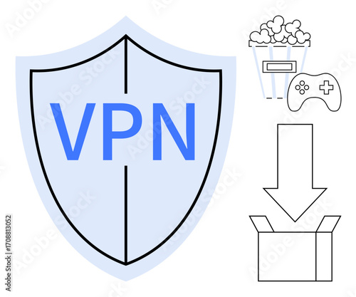 Blue shield labeled VPN symbolizing security, next to icons of popcorn bucket, gaming controller, downward arrow, and box. Ideal for cybersecurity, online privacy, streaming, gaming downloading VPN