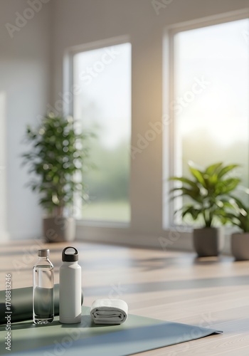 Serene Yoga Studio Setup Refreshing Hydration and Peaceful Ambience. A clean yoga studio with water bottle, towel, yoga mat, and plants creates a calming scene for exercise and well-being