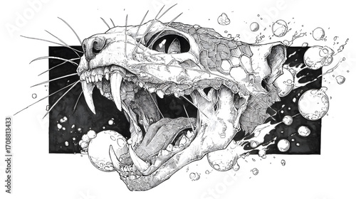 Detailed illustration of a ferocious tiger skull with bared teeth and tongue.