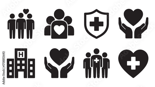 Vector art of set of black icon pictograms depicting healthcare, medical services, and community support